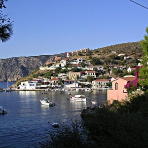 View of the seaside village of Assos on the west coast of Kefalonia