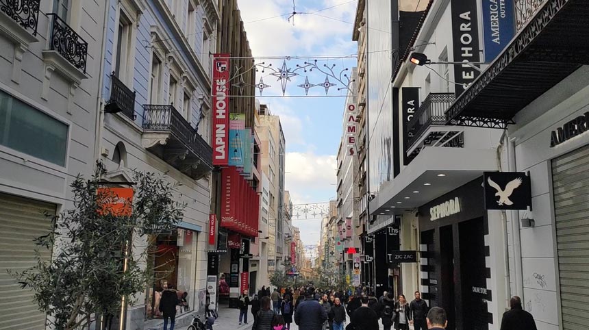 View of Ermou street - a pedestrian zone with shops everywhere downtown Athens.