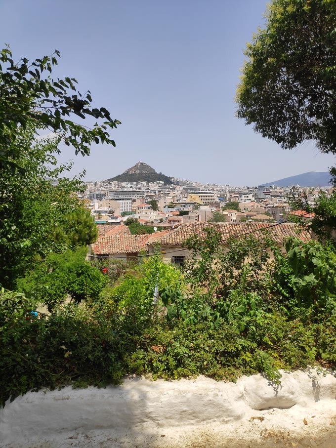 Looking at Lycabettus, the hill, from Anafiotika in Plaka.