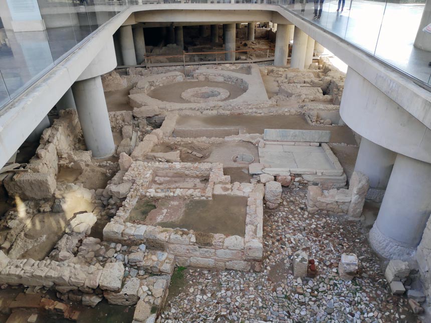Ancient ruins before entering the Acropolis Museum in Athens.