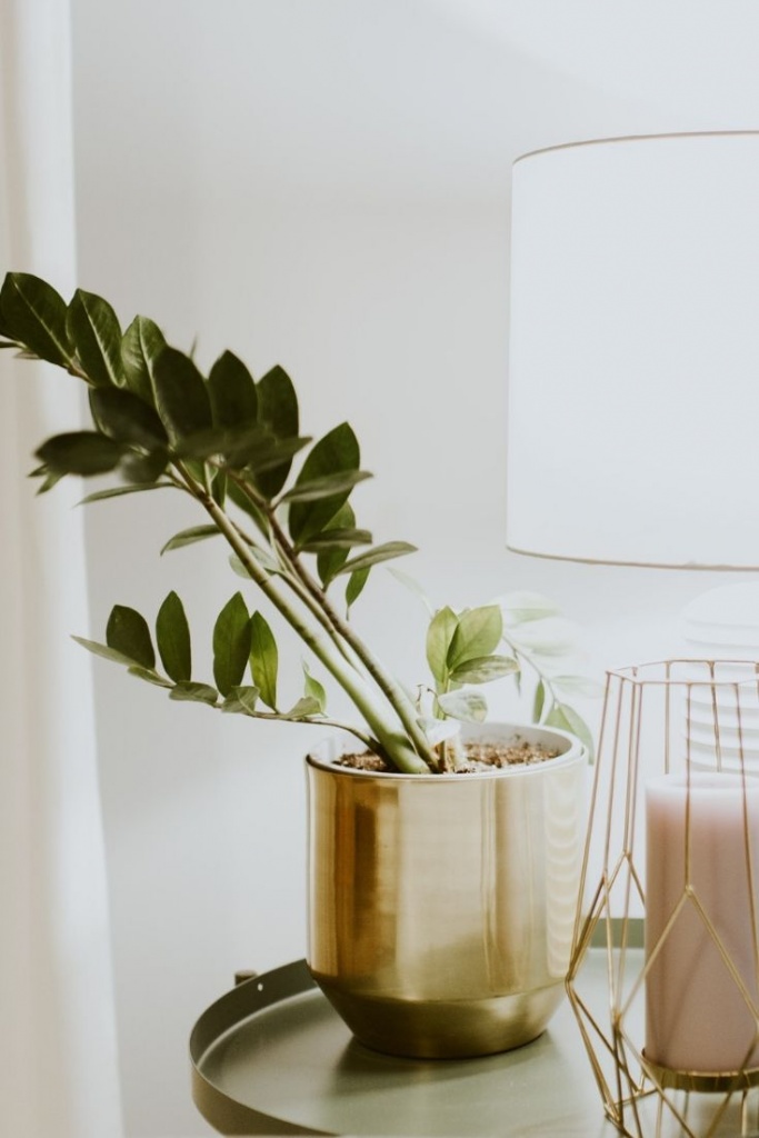 A gold planter next to a table lamp and decor on a side table.