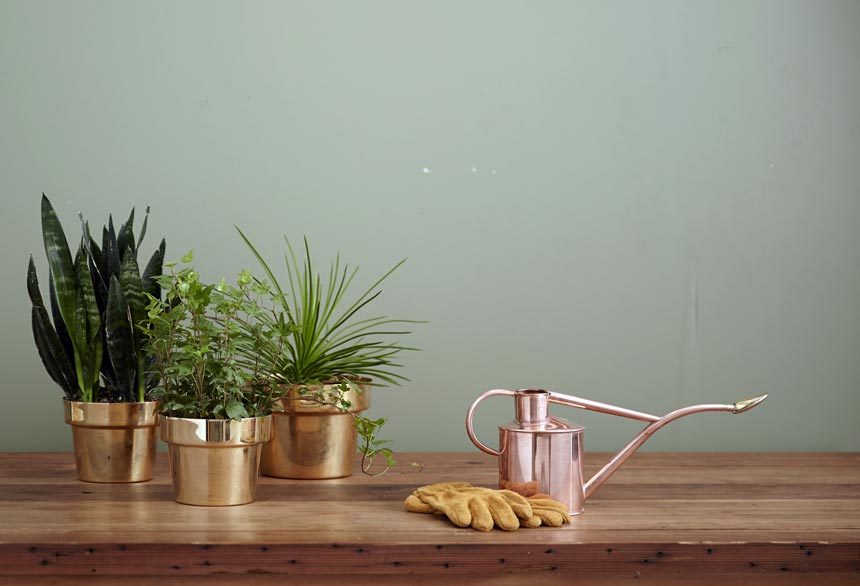 A cluster of three copper looking planters on a wooden surface.