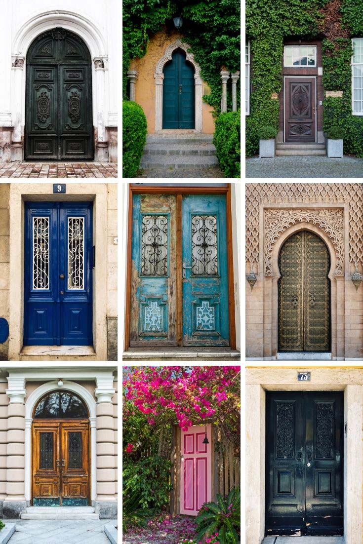 A collage of nine different entrance doors.