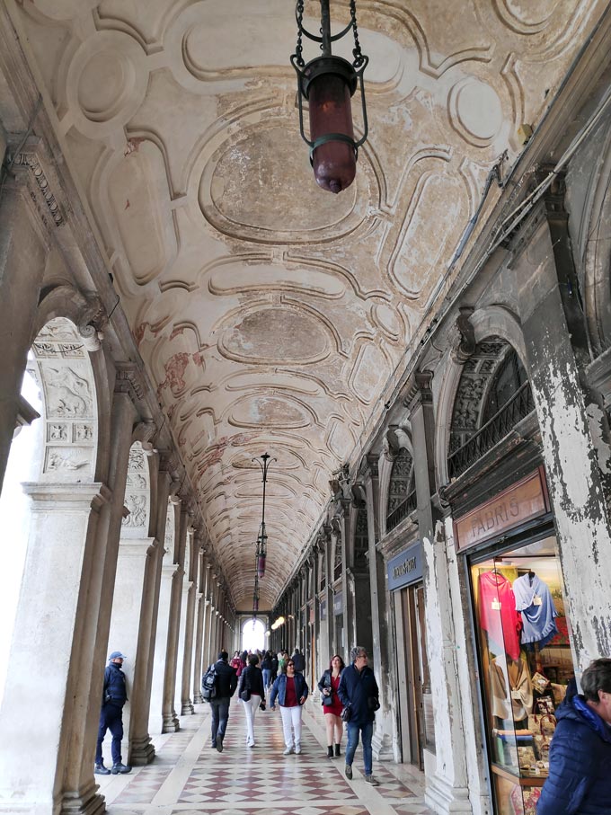 An accent ceiling on the portico's ceiling at a building near St. Marco Piazza in Venice.