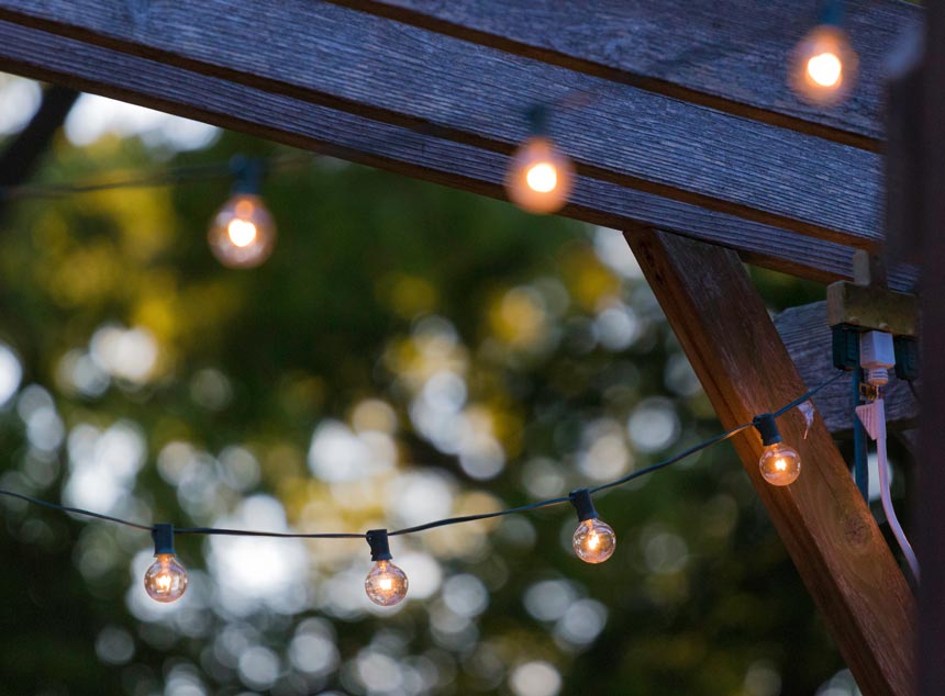 Detail of string lights forming a canopy.
