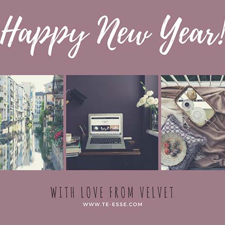 A Happy New Year wish collage with three images in a row at the center