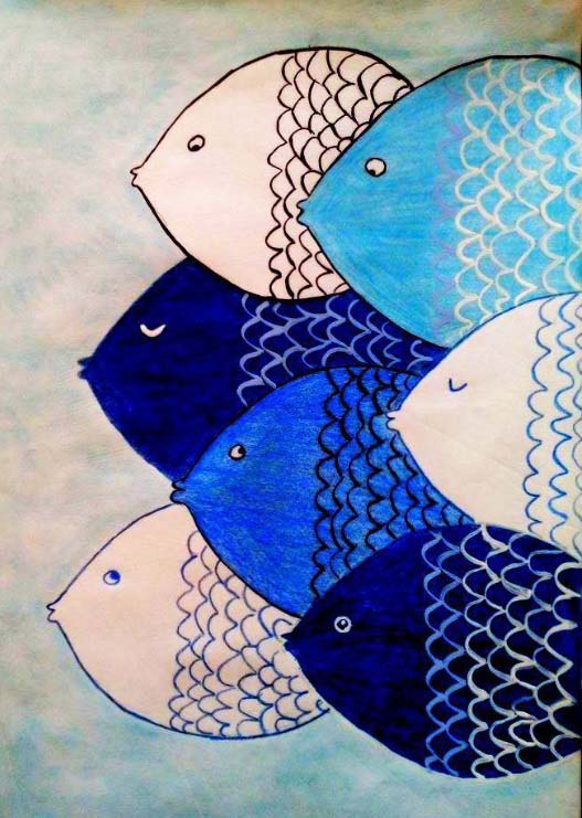 Painting of white and blue fish by Denise Riga
