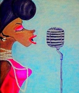 A drawing of a colored lady singing into a retro mike. Artwork by Denise Riga.