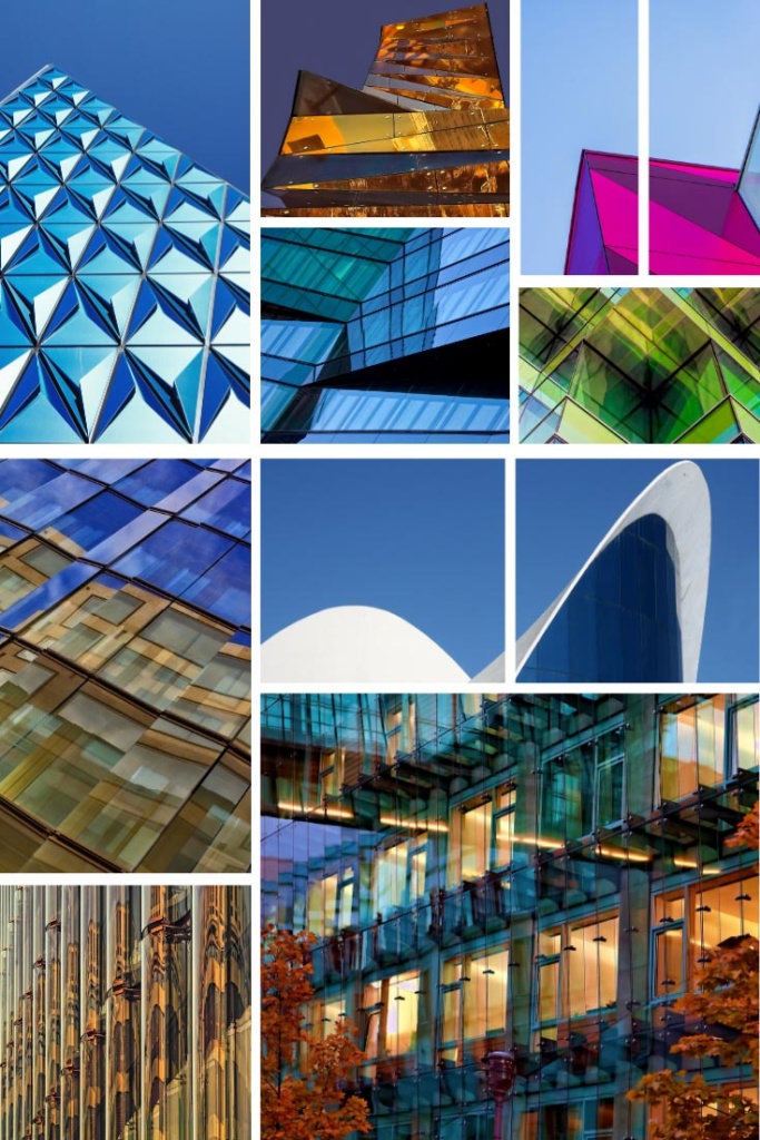 A collage of glass facades.