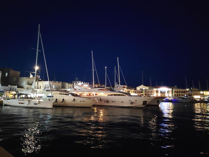 Partial view of the docked yachts at the port of Ermoupolis in Syros. Image by Velvet.