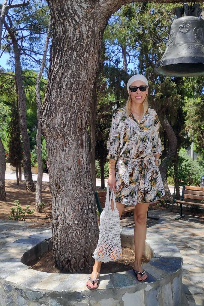Elisabeth in a tropical theme playsuit - another suitable outfit for the Greek islands.