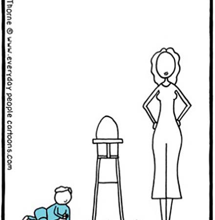 A Cathy Thorne cartoon of a woman standing next to a baby food-chair and a baby's crawling on the floor. The caption reads: "Actually the crumbs are left on purpose on the floor to develop fine motor skills."