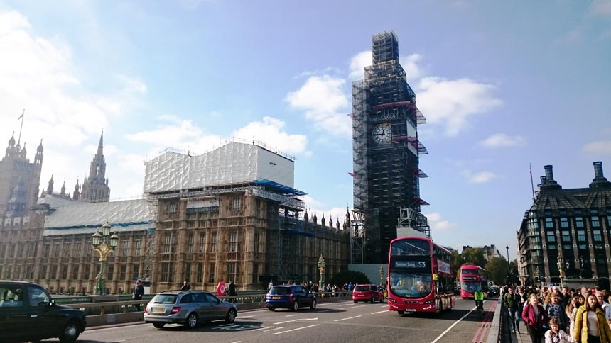 View of Big Ben and the Parliament House with scaffolding because of the ongoing reno.