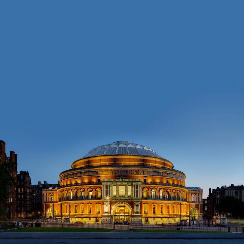 NORTH-FACING ENTRANCE OF THE ROYAL ALBERT HALL AT DUSK