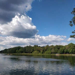 View of a lake with greenery on the one bank and some clouds over the blue sky.
