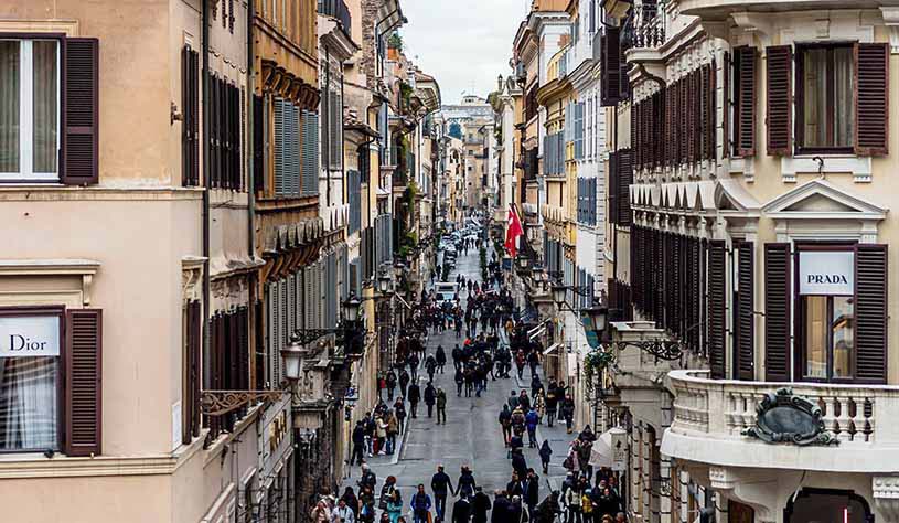 View of the Via Veneto (one of the most popular streets in Rome) taken from Piazza di Spagn