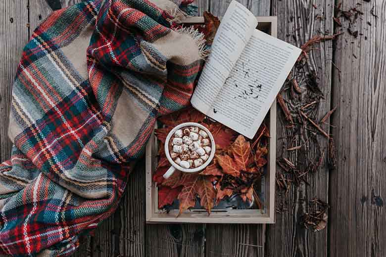 A blanket with red checks scattered on the floor next to a tray with an open book, autumn leaves and a mug with marshmallows in it