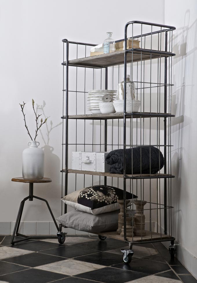 An industrial styled shelf rack unit styled with white decor. Image by Cuckooland.