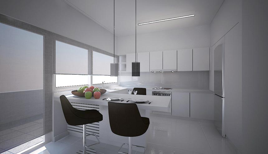 3D render of an all white minimal contemporary kitchen done for a client.