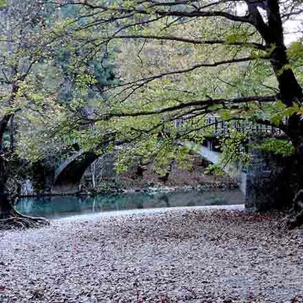 A beautiful stone bridge over clear blue river waters in the Voidomatis - Aoos National Park