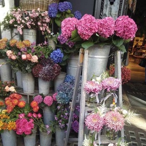 Flower bouquets for sale outside of flower shop in West End London.