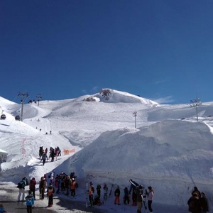 Partial view of Parnassos ski slopes on a sunny day.