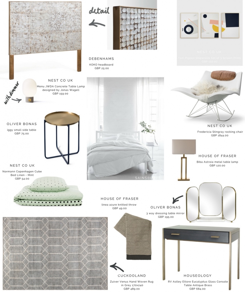 An inspiration board of a contemporary bright bedroom. Images by the brands denoted.