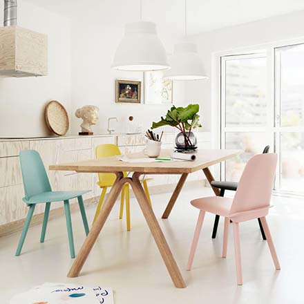Dining chairs can always add splashes of color in a neutral color kitchen like this one. Image by Nest.co.uk.