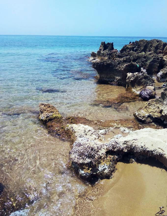 A rocky shoreline on a Greek island.