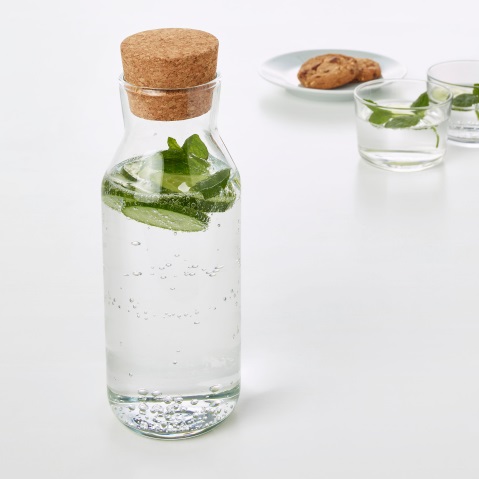 IKEA's 365 glass carafe with cork stopper and some cucumber water inside. Image by IKEA.