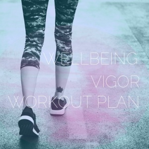A rear view of a woman in trainers and leggings walking down a street. The image reads wellbeing, vigor and workout plan. Original image by Rawpixel.