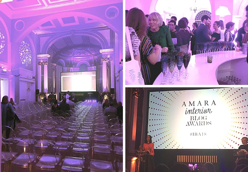 Three images of the inside of Marylebone One venue for the Amara Interior Blog Awards.