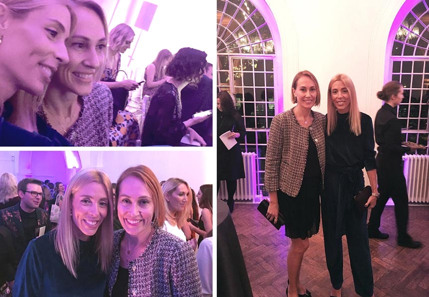 Three images of Velvet and Elisabeth at the Amara Interior Blog Awards ceremony, inside the Marylebone venue.