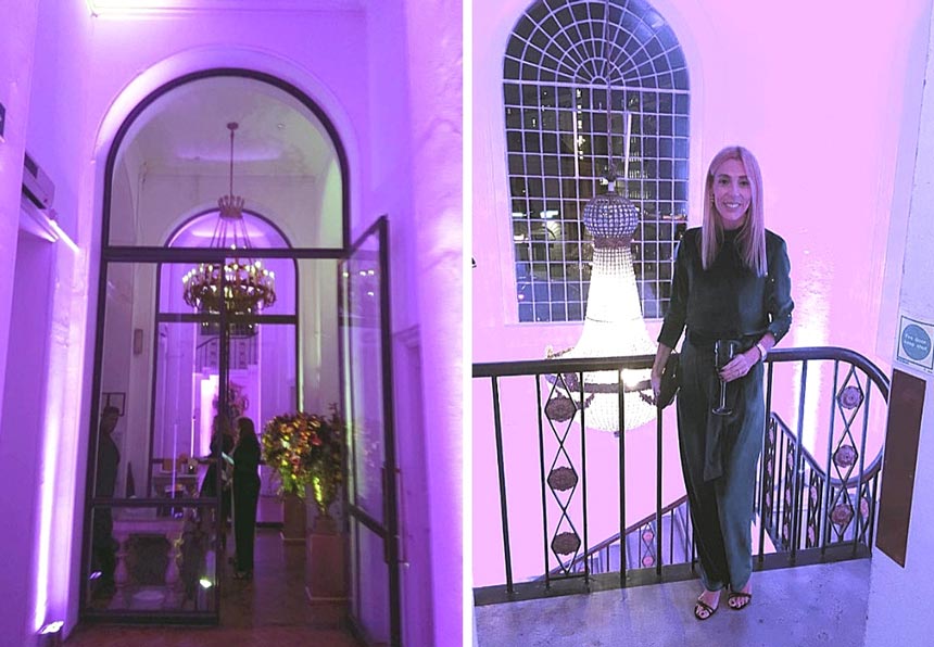 Two images, one of the entrance at the Marylebone One venue and the other of Elisabeth inside the venue with a pendant crystal chandelier behind her.