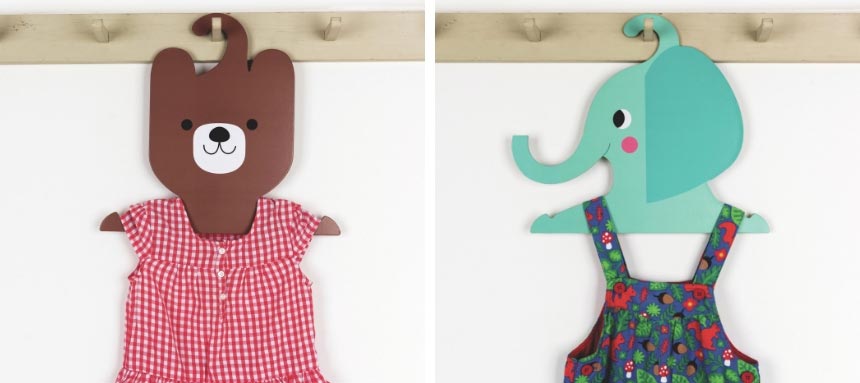 On the left a teddy bear animal coat hanger. On the right a blue elephant coat hanger. So cute. Images by Rexlondon.