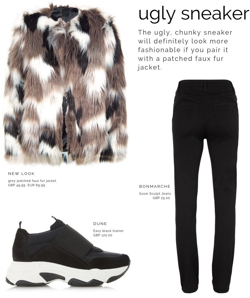 A combo of a patched faux fur coat by New Look, black skinny jeans by Bonmarche and black ugly trainers by Dune.