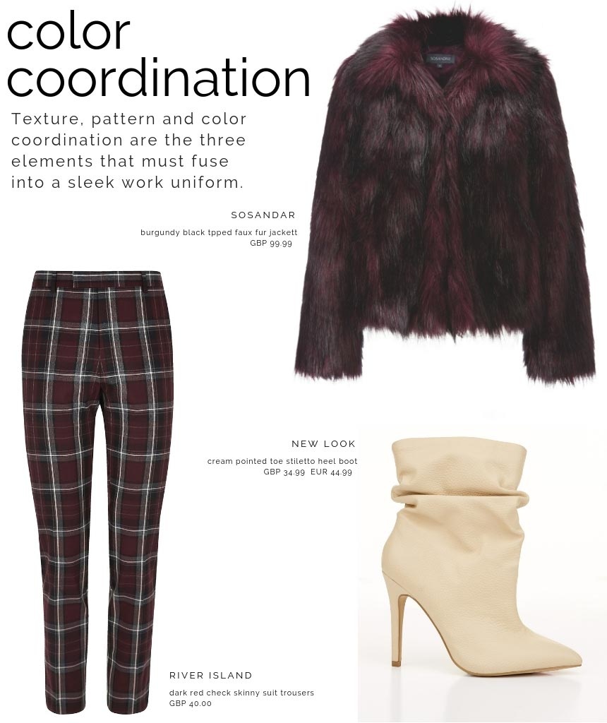 A color coordinated combo with a burgundy faux fur coat by Sosandar, a red check pattern pair of pants from River Island and cream stiletto heel boots by New Look.