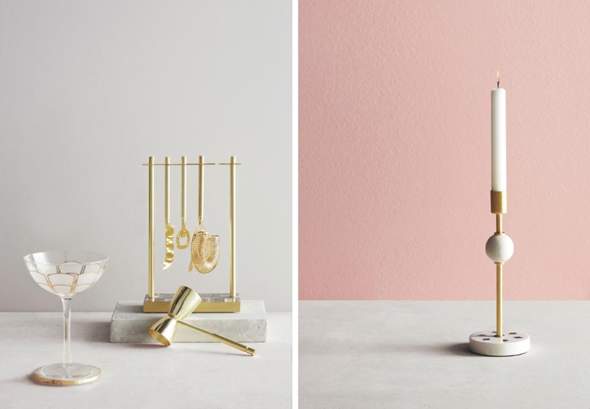 On the left, John Lewis Bar Tool Set, Deco Coupe Pair and on the right a candlestick with brass details epitomizing a soft deco style. Both images by John Lewis.