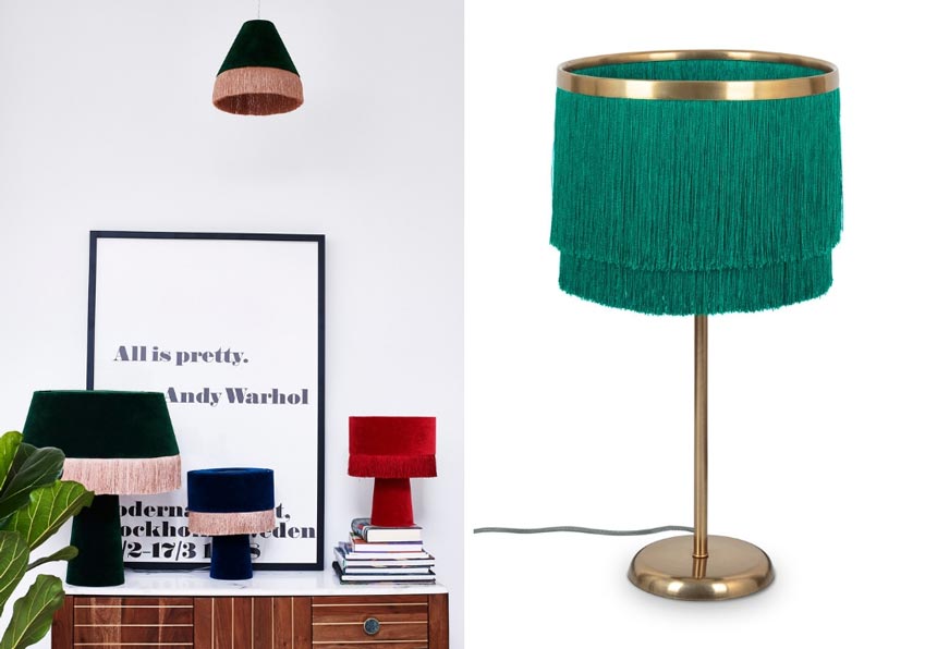 On the left an image of three velvet table lamps with fringe on a sideboard. They epitomize most of the decor trends nowadays. On the left a green fringe table lamp with brass details. Both images by Oliver Bonas.