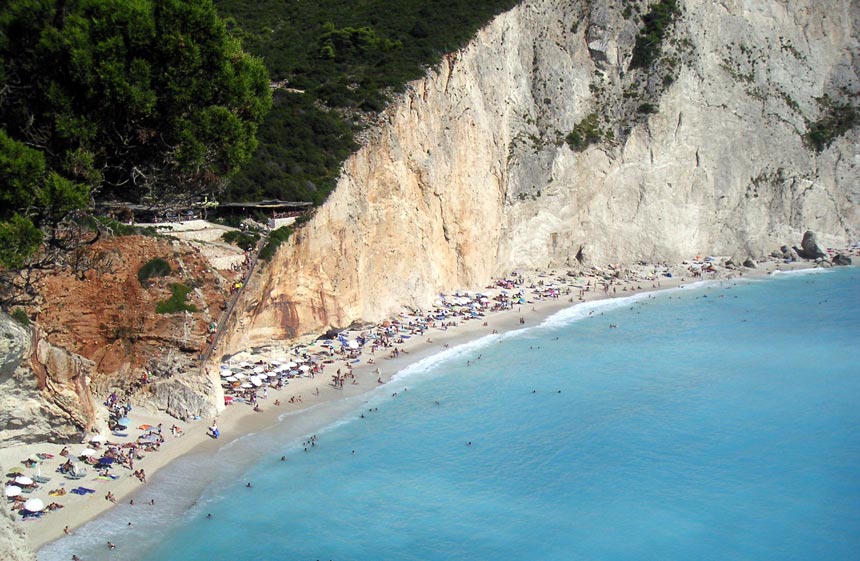 View of Porto Katsiki, one of the best known beaches in Lefkada with the white cliffs in the background and turquoise clear waters.
