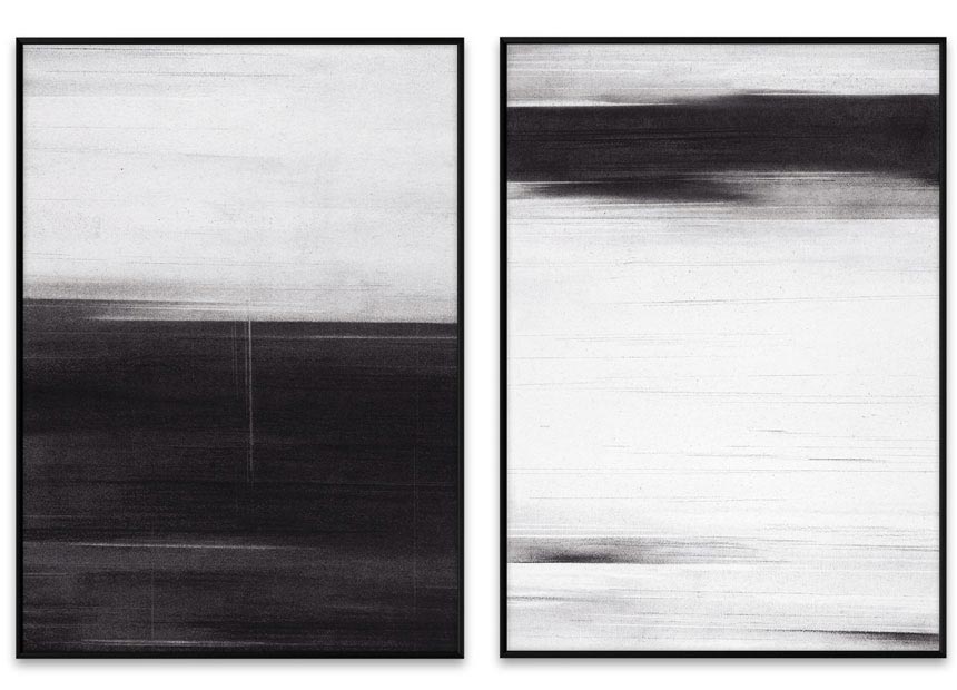 Mindful home decor - black and white imagery. Two black and white art images with charcoal paint that reflect a motion while passing through a landscape. Images by Nest.co.uk.