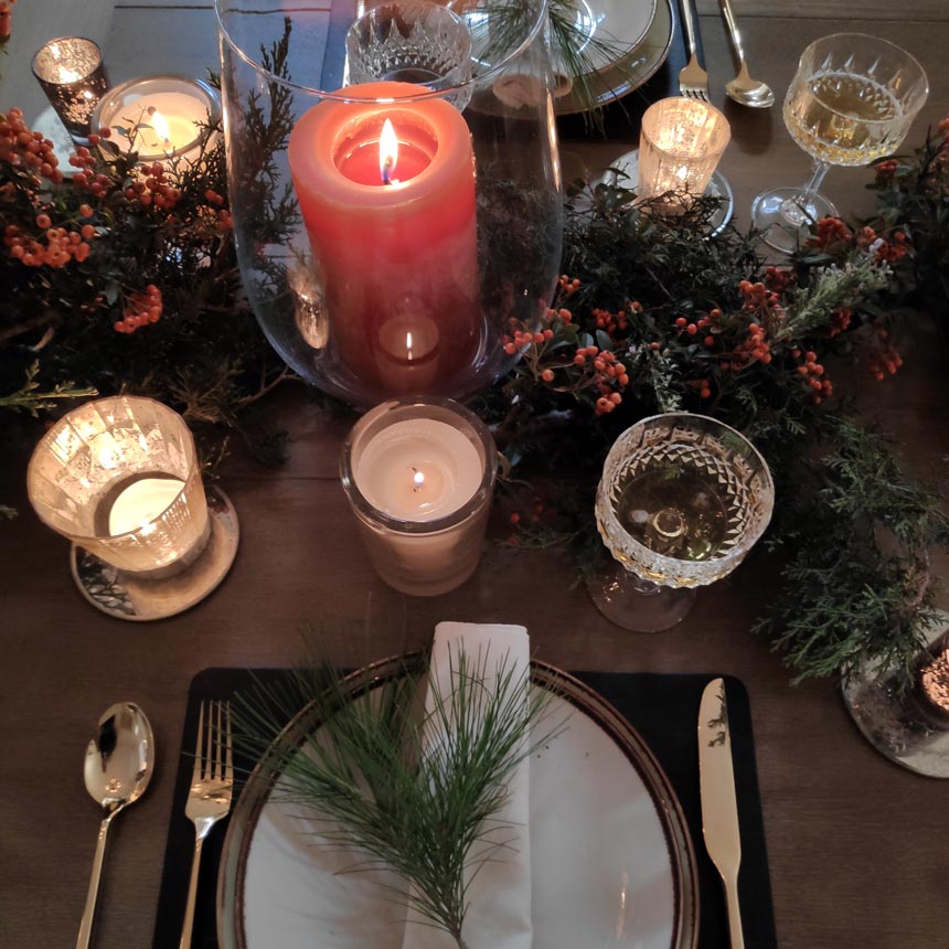 View from above of one set at Elisabeth's Christmas tablescape.