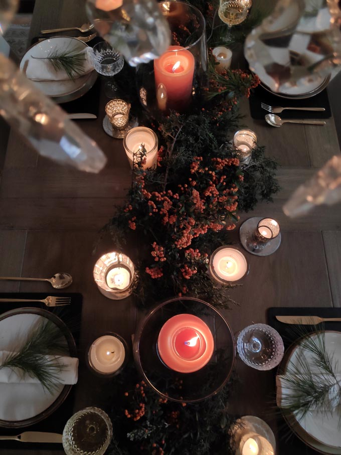 View from the top of almost the full Christmas tablescape Elisabeth styled.