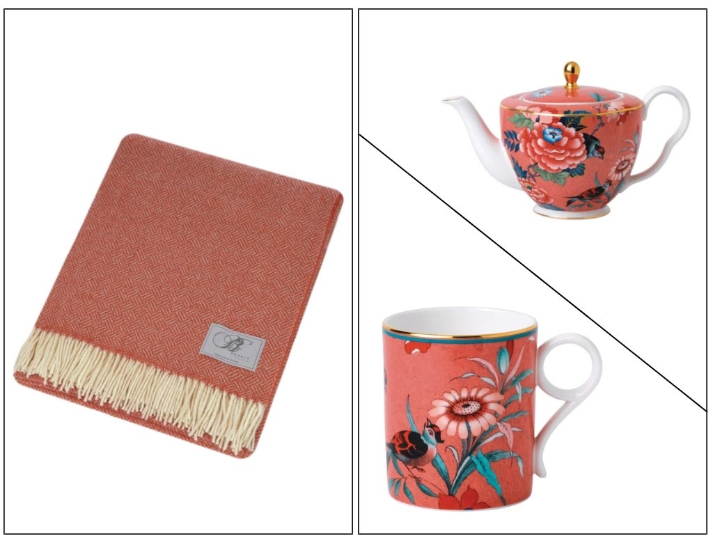 On the left a coral throw. On the right images of a teapot and a mug with a flower print on them on a coral background. All images by Amara.