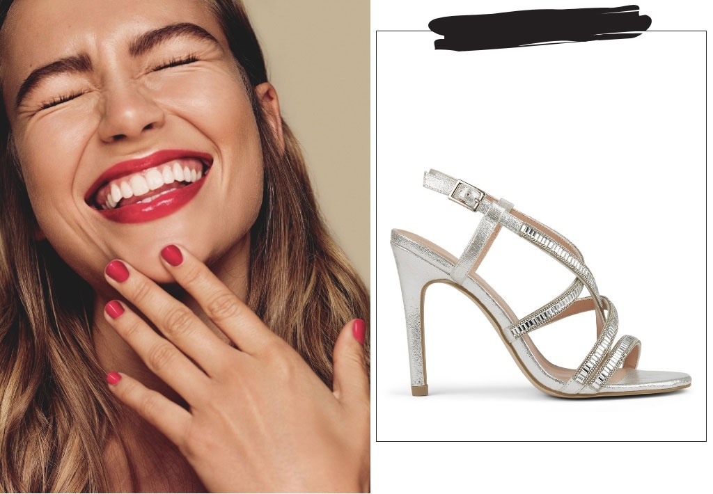 A woman with red lipstick on her lips and red nail polish is smiling big on the left. A cutout image of a silver strappy high heel sandal on the right. Both images by New Look.