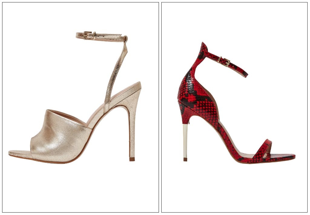 A silver high heel sandal on the left and a red snake skin high heel sandal on the right. Both images by Office.