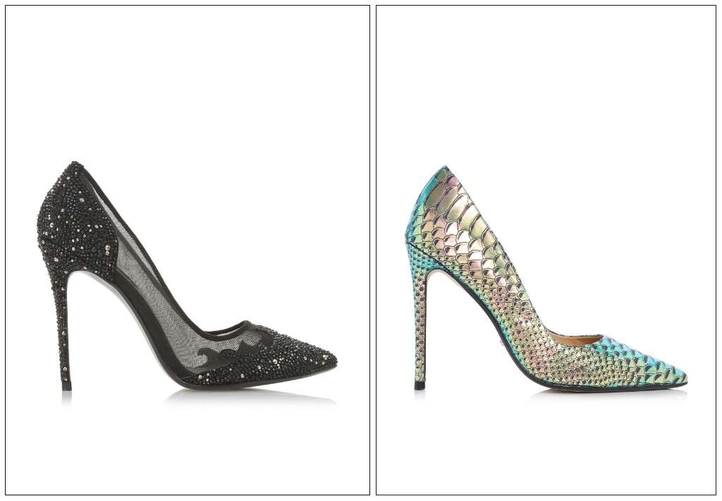A black high heel pump on the left and a scaly looking silvery high heel pump on the right. Images by Dune.