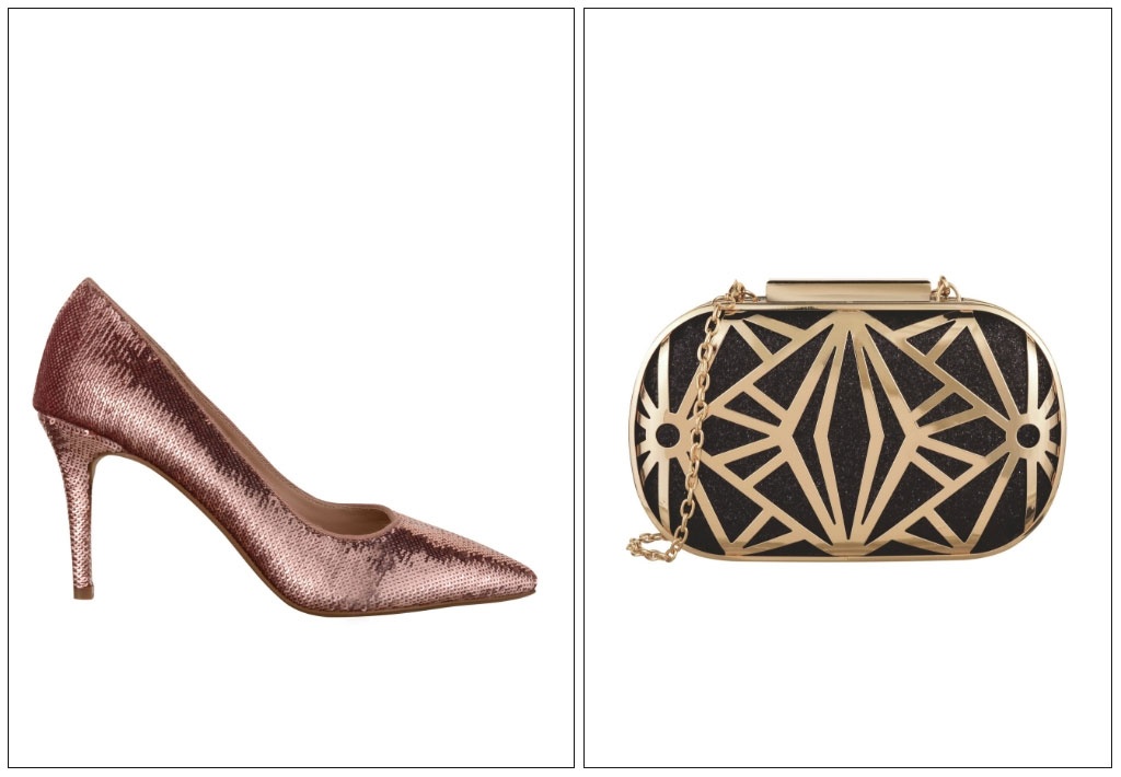 A pink gold sequin high heel pump on the left and an evening clutch with a geometric pattern on the right. Both images by Dorothy Perkins.