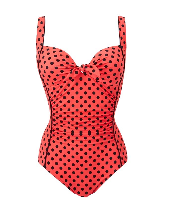 A retro looking one piece swim suit from the up coming summer collection in coral and black polka dots. Image by JDWilliams.