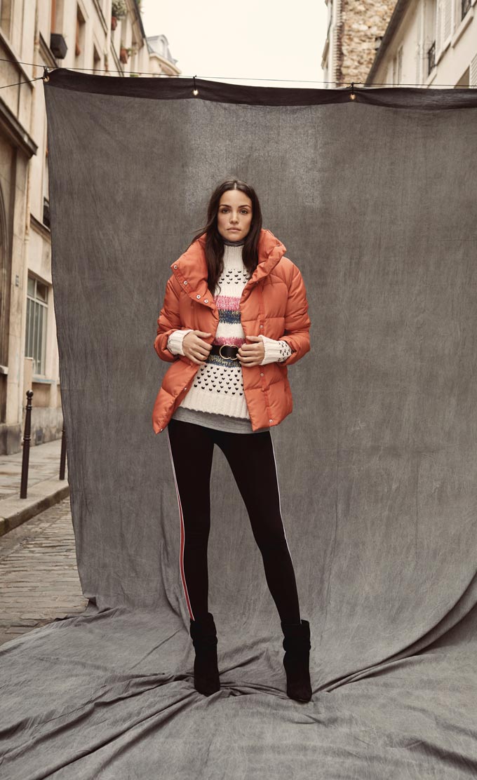 I love this whole outfit: coral puffed jacket, sweater and leggings. Image by Matalan.